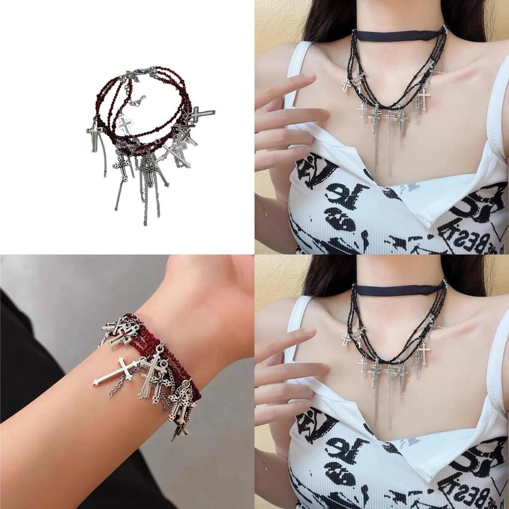 Gothic Cross Layered Necklace Trendy Tassel Choker For Summer Gift Alloy Plated