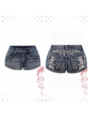 Summer Retro Style Embroidered Rhinestone Denim Shorts