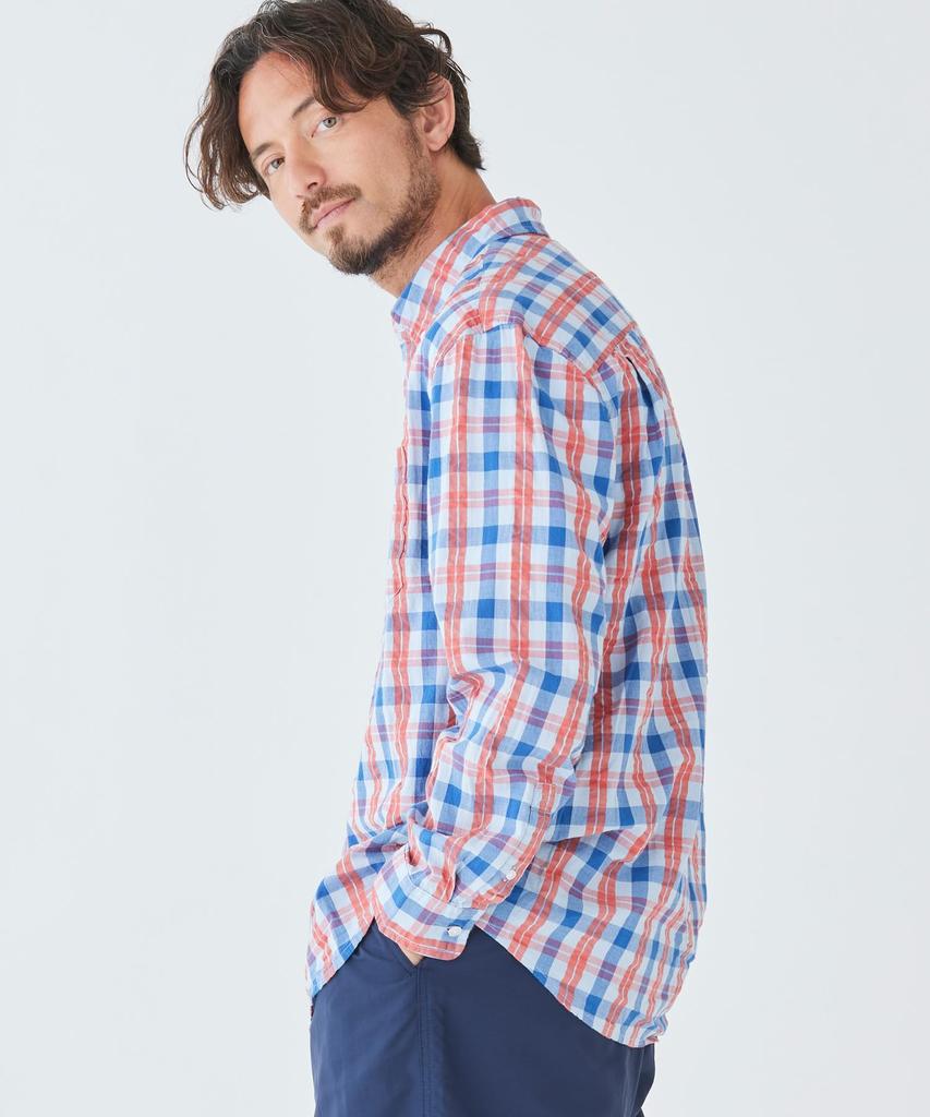LL Bean Organic Cotton Seersucker Long Japan Pale 1000182635 Men's Shirt, Sleeve, Plaid, Fit, XL, Turquoise, Blue,