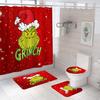 Bathroom Shower Curtain Four-Piece Green Hair Monster Christmas Green Waterproof Shower Curtain Toilet Partition Curtain Bath Mat
