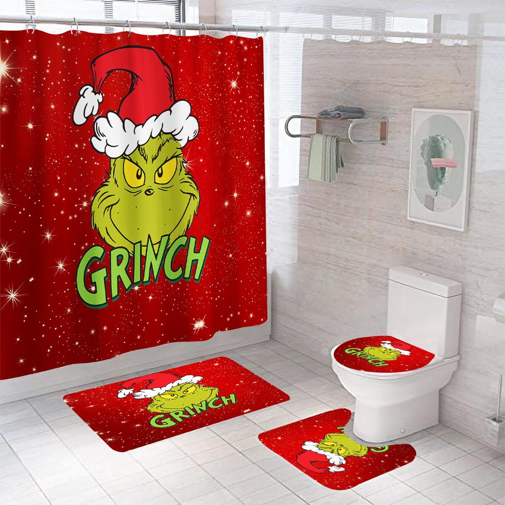 Bathroom Shower Curtain Four-Piece Green Hair Monster Christmas Green Waterproof Shower Curtain Toilet Partition Curtain Bath Mat
