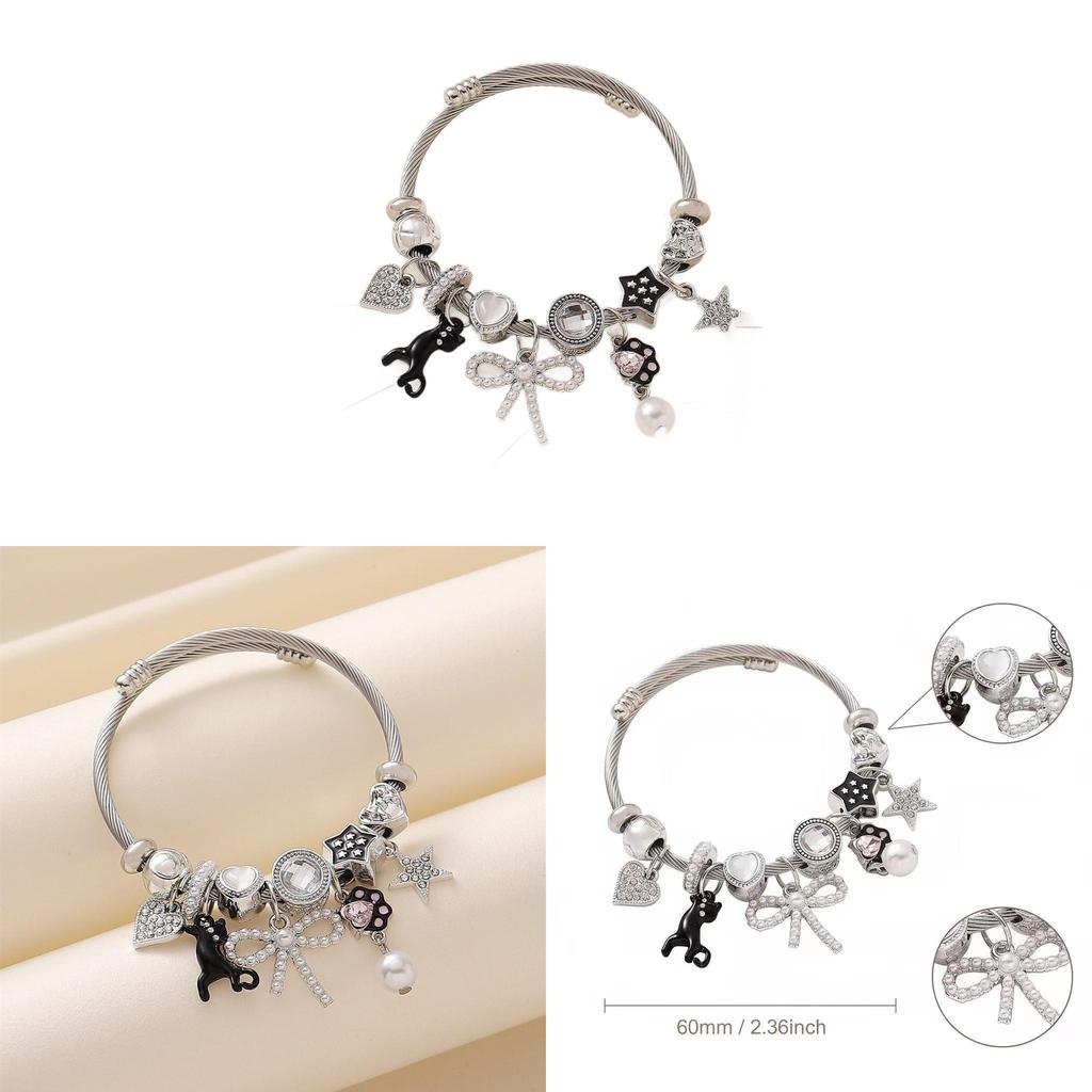 Stainless Steel Cat Bowknot Star Charm Bracelet For Fashion Casual Wear