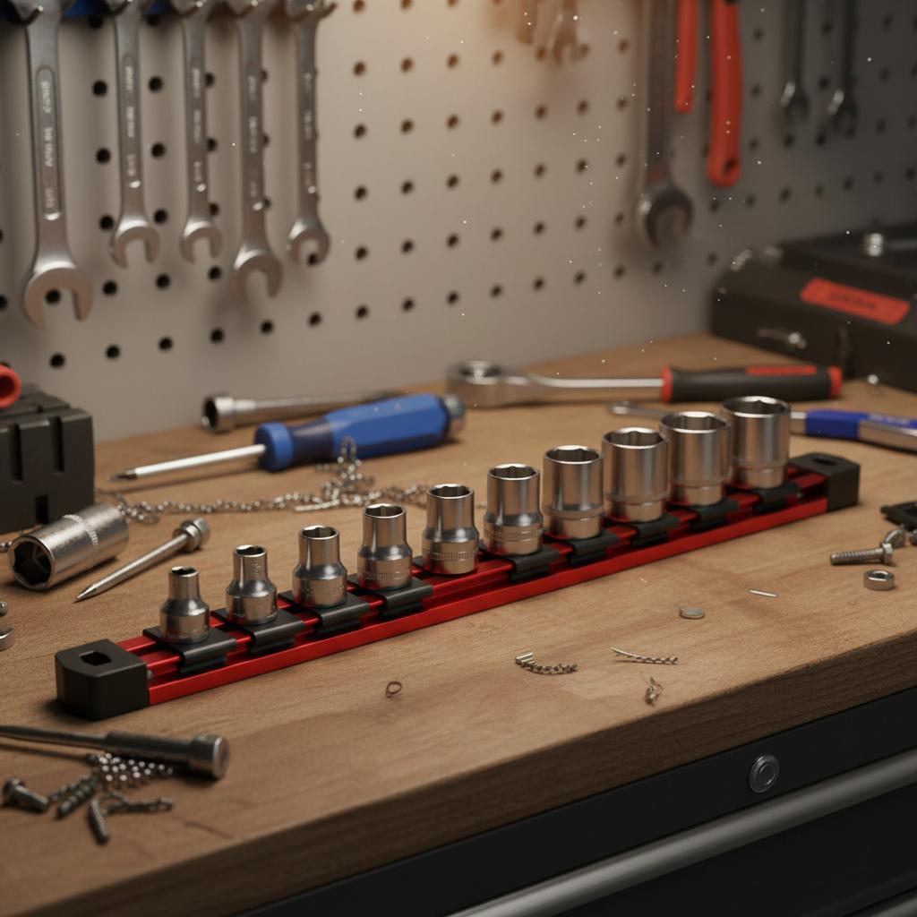 Magnetic Socket Organizer Rack With Strong Magnetic Base And Adjustable Slider For Garage Workshop