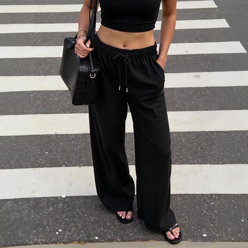 

New Women Spring Summer Elastic Waist Drawstring Loose Straight Leg Casual Versatile Pants S чёрный