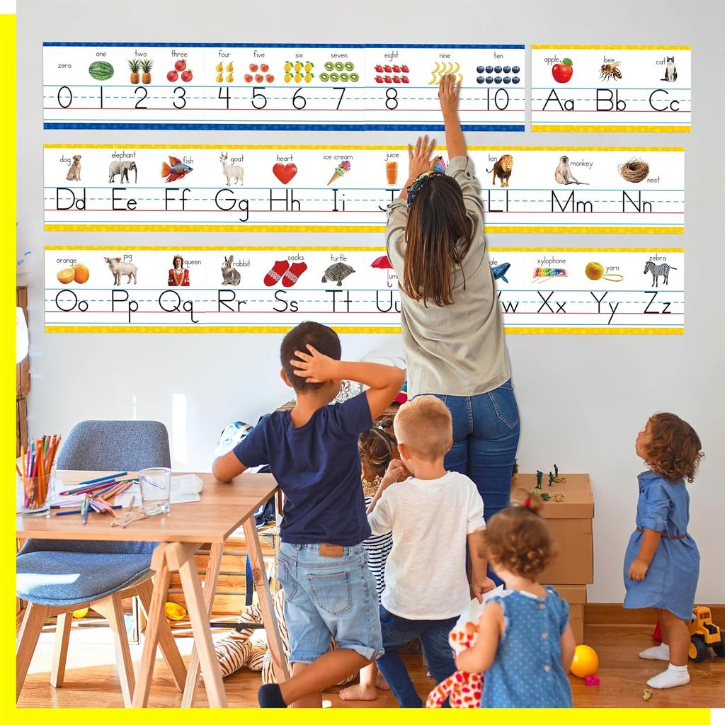Alphabet & Number Line Bulletin Board Set, 12 PCS ABC & 123 Wall Decorations 26 Upper & Lower Case Letters Plus Numbers 0-10 for Preschool,