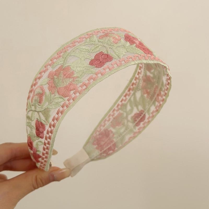 Hand-Made Cotton Linen Hairband Intricate Embroidery Blossom Design Adjustable Wide Band Unisex Hair Accessory