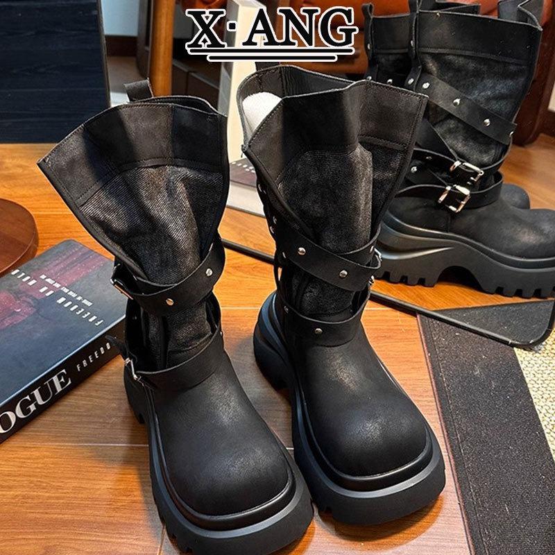 Leather Martin boots Children's belt buckle locomotive boots Thick sole heightening small knight boots Medium boots