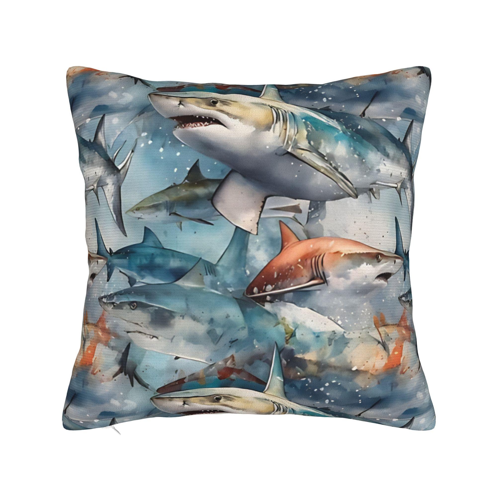 Monochrome Blue Watercolour Sharks Ocean On White Pillow Case Print Pillow Cover For Wedding Party Home Decor Funny Pillowcases 30cmx30cm