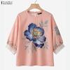 ZANZEA Women Casual Round Neck Floral Print Loose 3/4 Sleeve Blouse