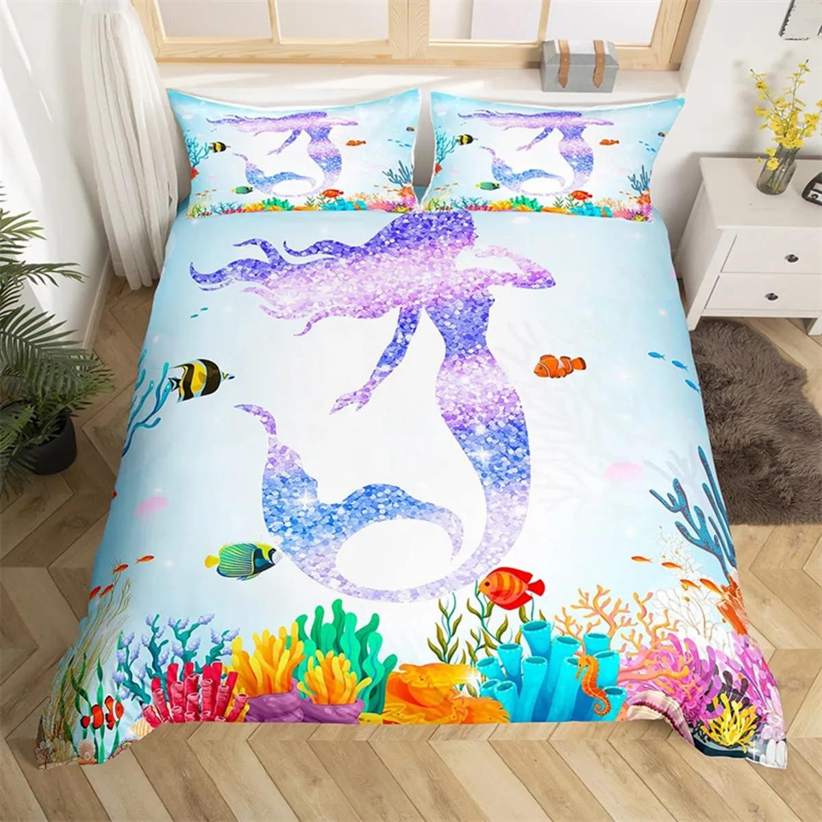 Мультяшная Русалка Дельфин Пододеяльник Радужные Рыбьи Чешуйки Микрофибра Фантастическое Морское Животное Декор Спальни для Девочек Детей Подростков 70x133cm 2pcs