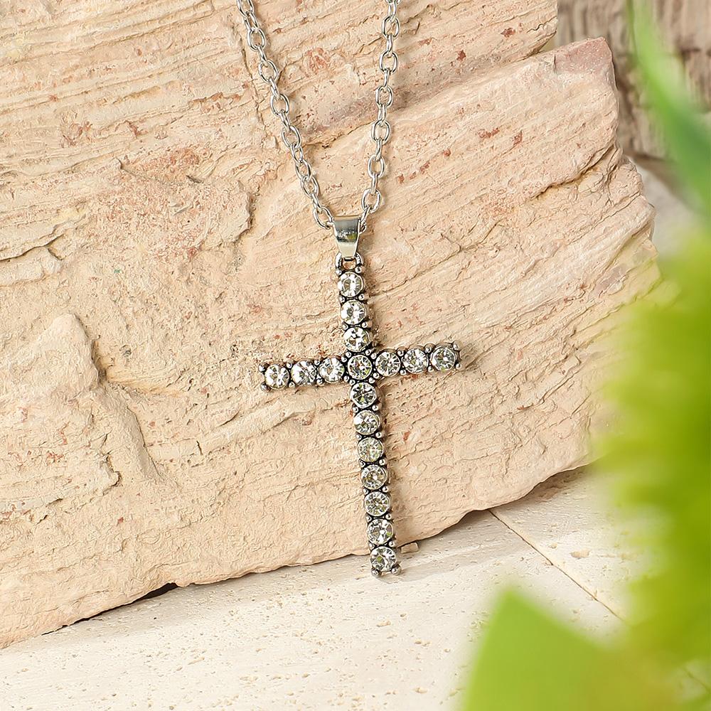 1 Pcs Cross Pendant Necklace With Rhinestone Antique Silver Party Decors Hip hop Gift Idea for Women, Girls, Valentine