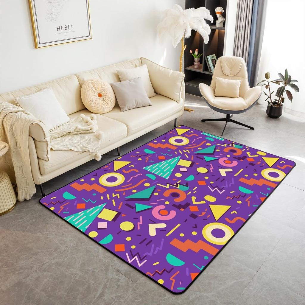 Retro Memphis Style Geometric Print Area Rug, 80s Neon Colorful Non-Slip Floor Mat for Living Room Bedroom Home Decor Carpet