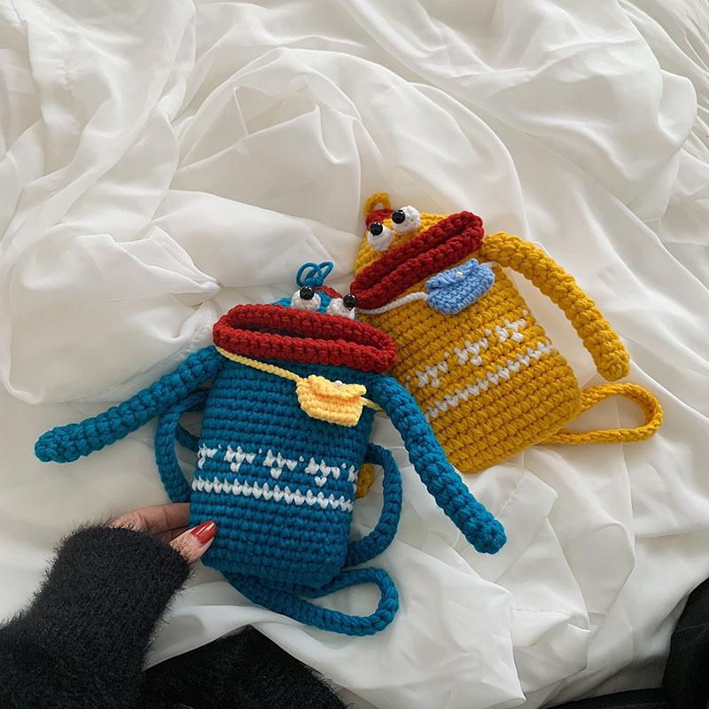 Handmade Crochet Ugly Cute Phone Bag, Funny Cartoon Knitted Crossbody Purse For Women, Mini Shoulder Phone Pouch