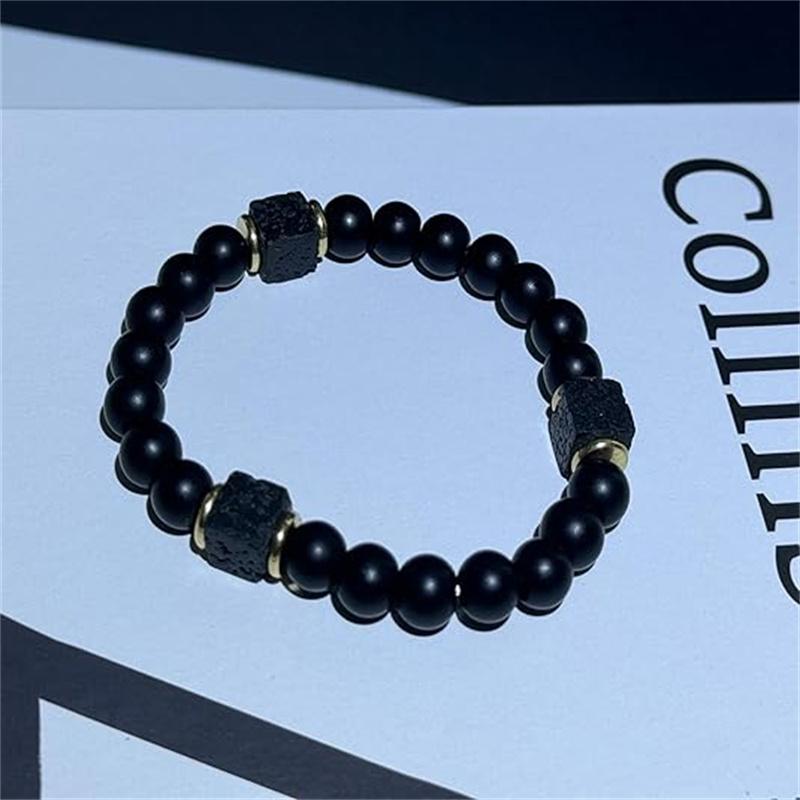 Elastisches Verstellbares Herrenarmband 8Mm Schwarzer Onyx & Lavasteinperlen Armband Für Männer Perlen Charm Armband Mit Elastischer Kordel