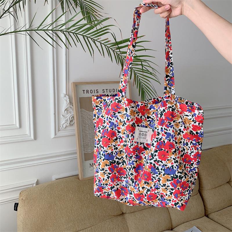 Retro Floral Women's Canvas Shoulder Bag High Capacity Girls Student Book Tote Handbag Cute Flower Female Reusable Shopping Bags