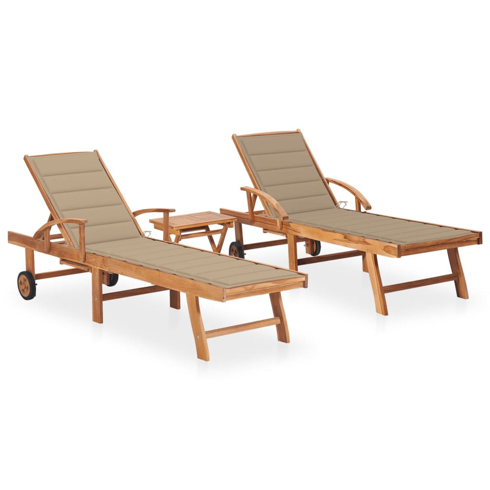 Chaises longues lot de 2 avec table et coussin Bois teck solide