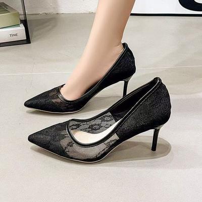 Hollow and Breathable French Shallow Mouth Single Shoes Pointed High Heels 2025 New Lace Stiletto Temperament Women's Shoes Women's Summer