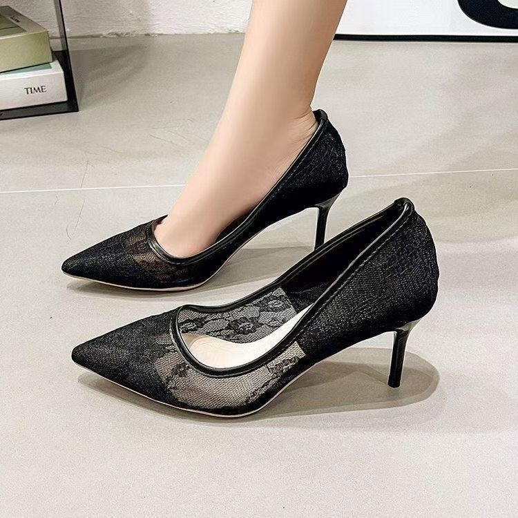 Hollow and breathable French shallow mouth single shoes pointed high heels 2025 new lace stiletto temperament women's shoes women's summer