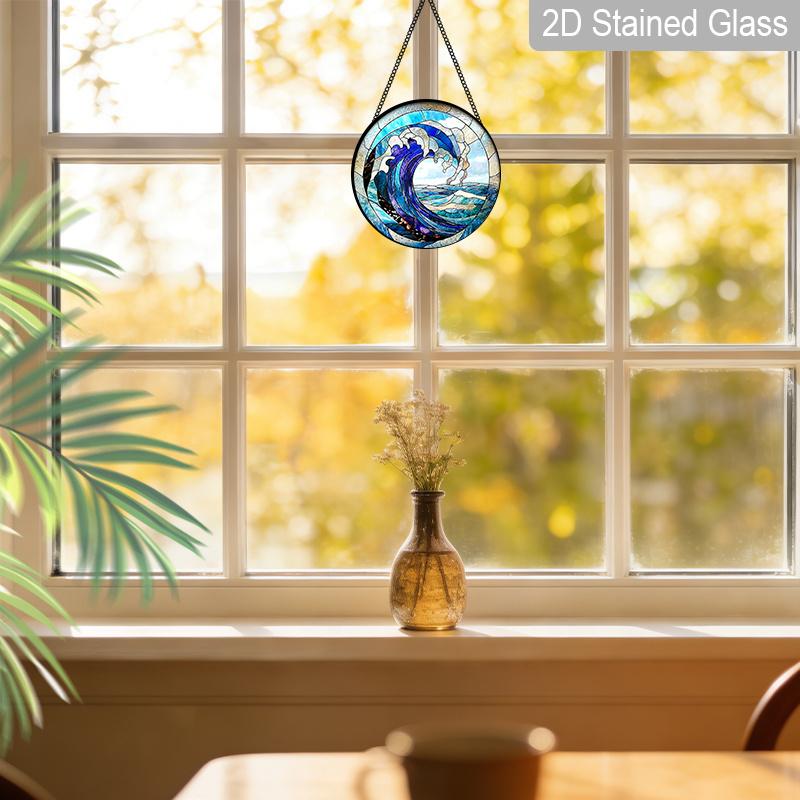 2D Flat Stained Glass Blue Waves Window Decoration, 7.87inches Turbulent Seas Design Colored Glass Plate with Chain, Charming Spring Summer Sun