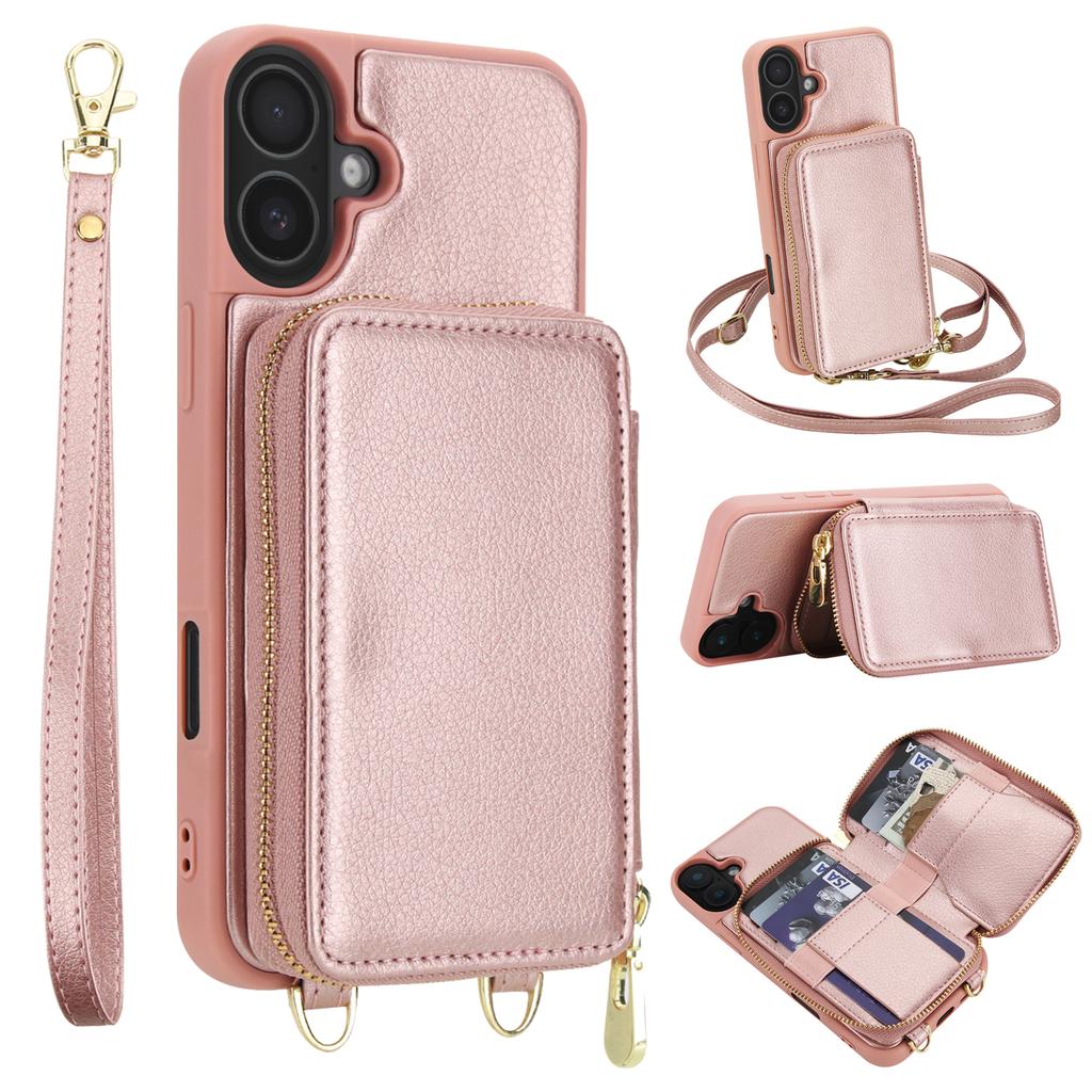 For iPhone 16 Plus Case RFID Blocking Zipper Wallet Leather + TPU Phone Cover with Shoulder Strap