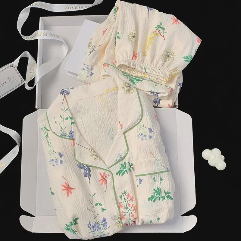 Women's French Pastoral Style Long Sleeve Pajama Set - Green Plants & Flowers Design