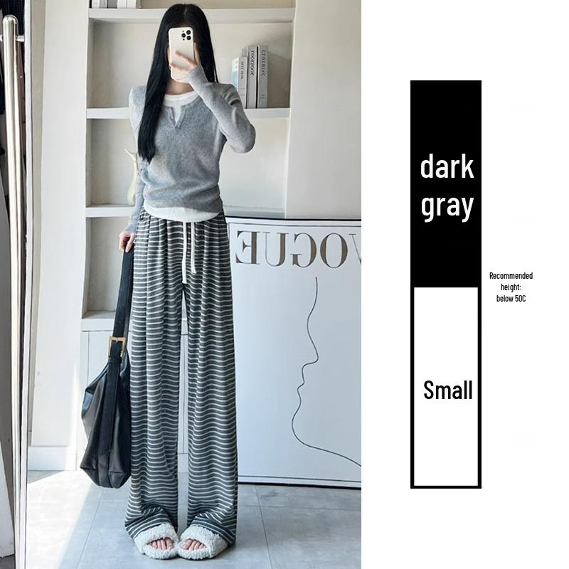 Petite Korean Striped High-Waist Casual Wide-Leg Pants for Spring & Autumn