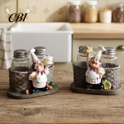 Cartoon Chef Keuken Decor Zout- en Pepervaatjes Set, Decoratief Hars Beeldje Specerijen Dubbel Glas Kruiden Flesjes Organizer, Houder voor Eetkamer