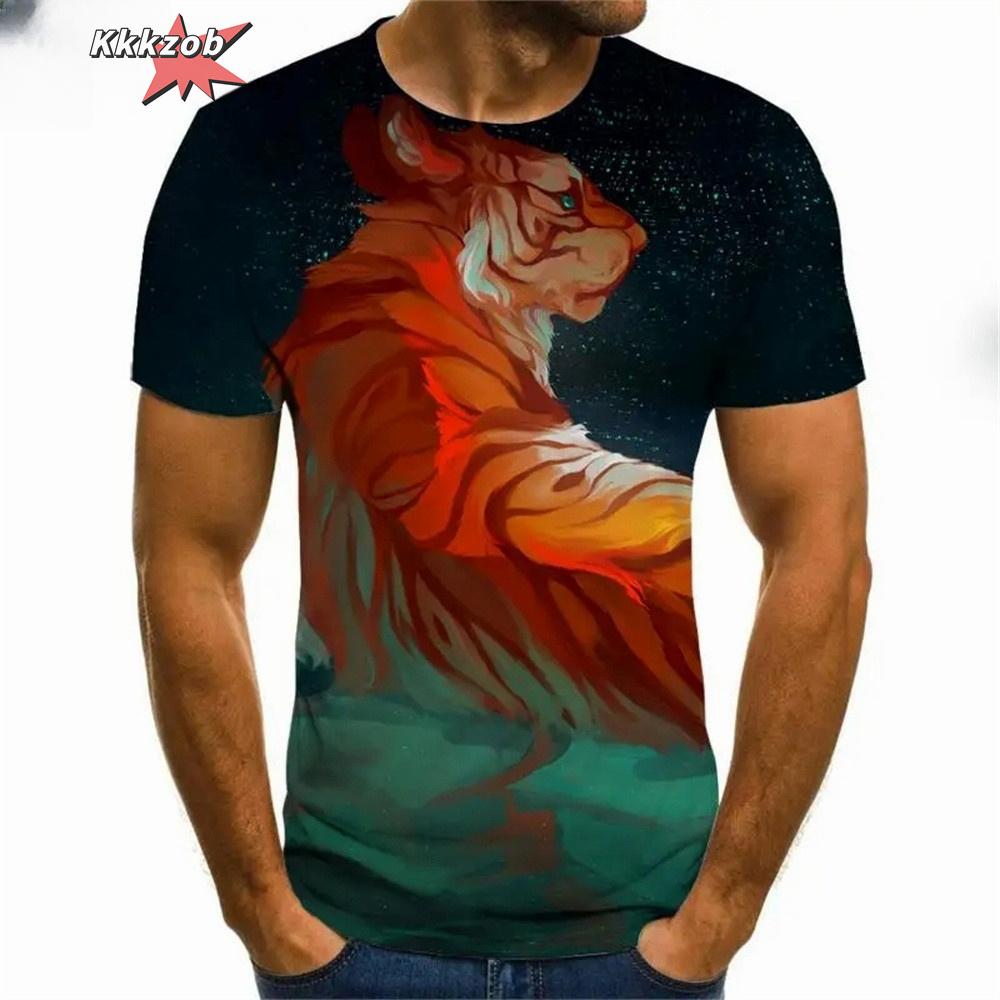 Fierce Tiger Animal Pattern Men's T-Shirts Short Sleeve 3D Animal Printed Trend Street Tee Oversized T Shirt Men Clothing Tops