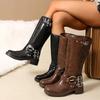 Fashion Fashion Women's Motorcycle Boots Autumn Winter Brown Pu Leather Knee High Boots Women Buckle Strap Chunky Heel Riding Boots 2025