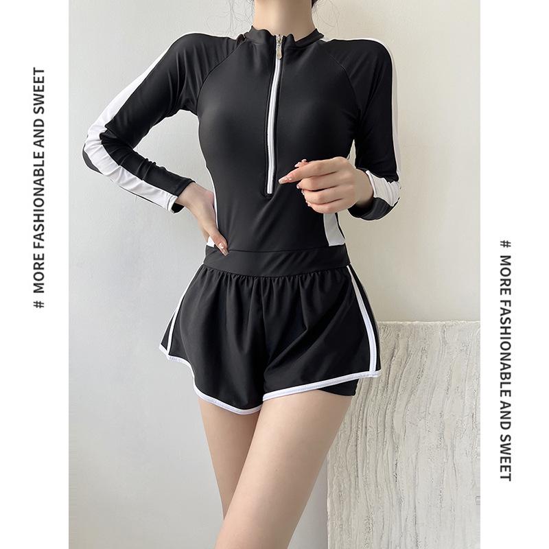 Conservative Long Sleeve Swimwear: Slimming Tummy Control Boyleg One-Piece for Female Students