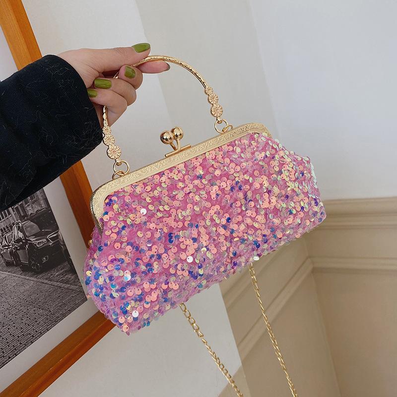 New Versatile Metal Hand-held Sequined Small Bag Women's Shiny Shoulder Bag Fashionable Texture Messenger Small Square Bag