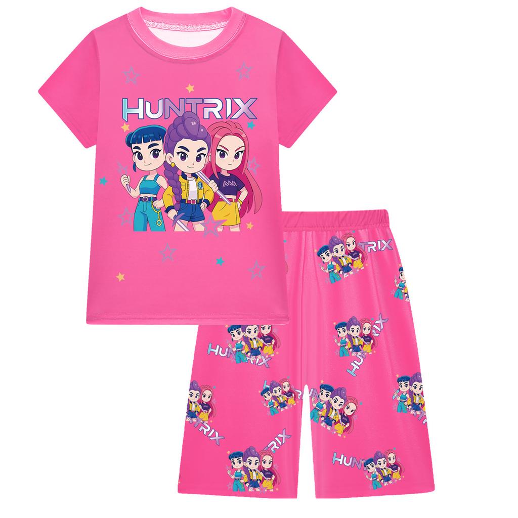 KPOP Mädchen T-Shirt und Hosen Set, Demon Slayer Cartoon, Zweiteiliges Kurzarm- und Shorts-Set für große Kinder