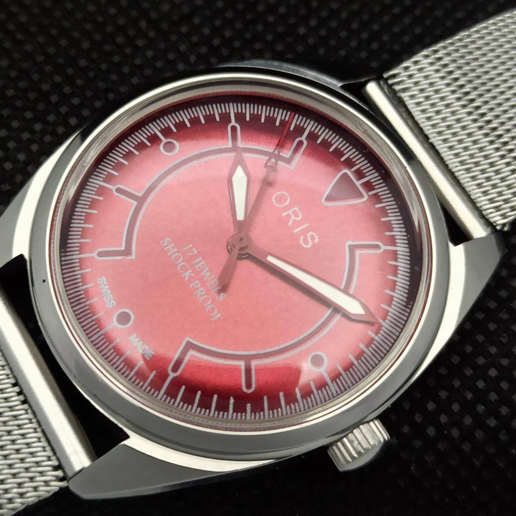 VINTAGE ORIS AUFZUG SCHWEIZER HERREN ÜBERHOLT ROTES Armbanduhr 558b-a296772-1
