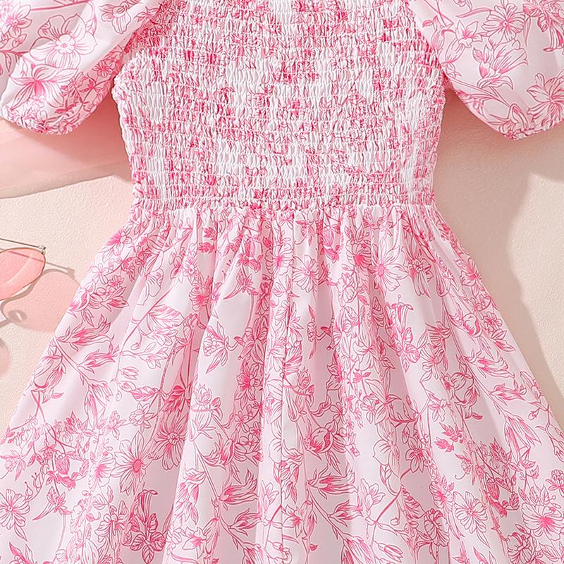 Rochie de vară 2025 cu mâneci bufante și imprimeu floral pentru fete - Stil dulce de prințesă cu talie strânsă