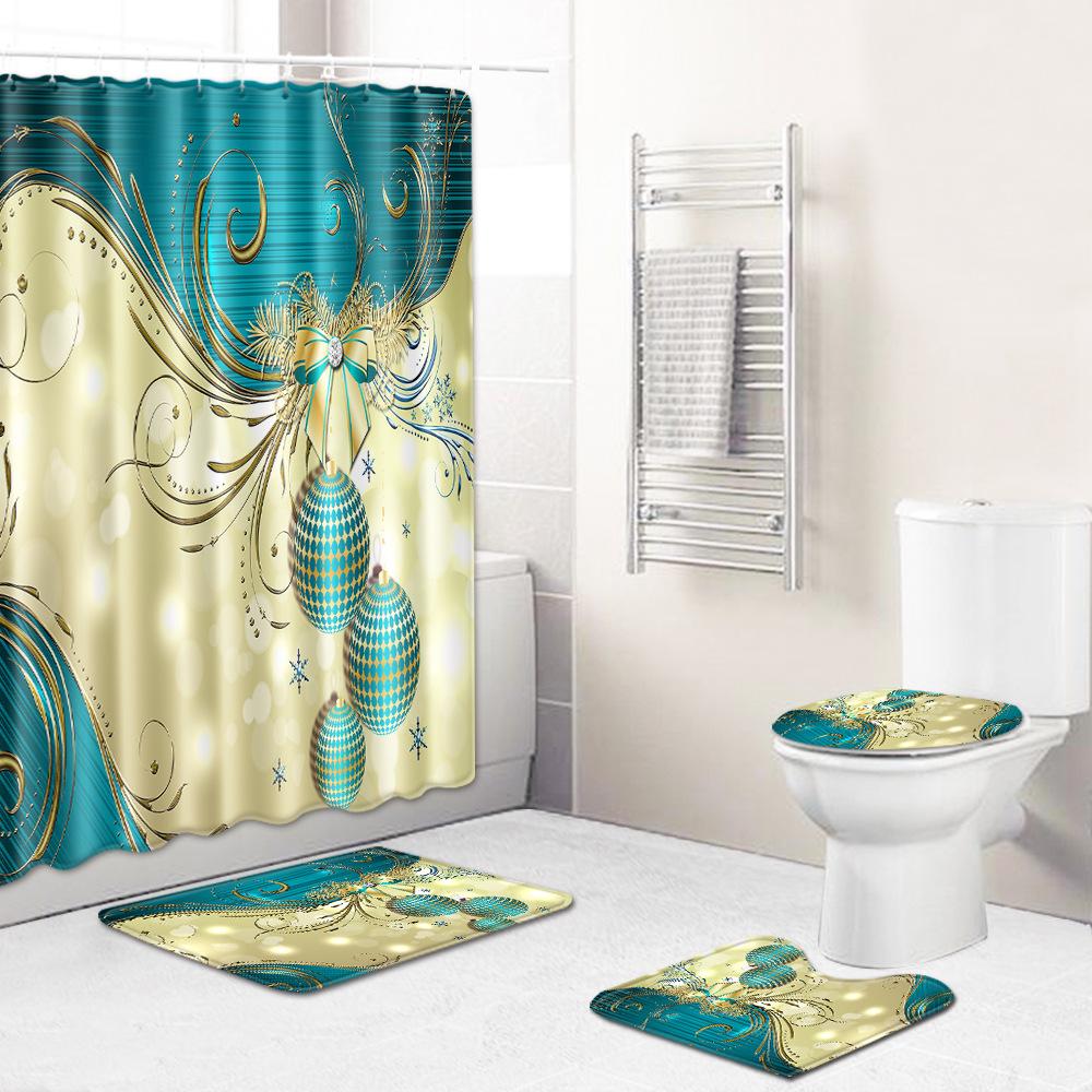 Hot Christmas Bathroom Shower Curtain Four-Piece Combination Floor Mat Bathroom Water-Absorbing Non-Slip Door Mat Carpet
