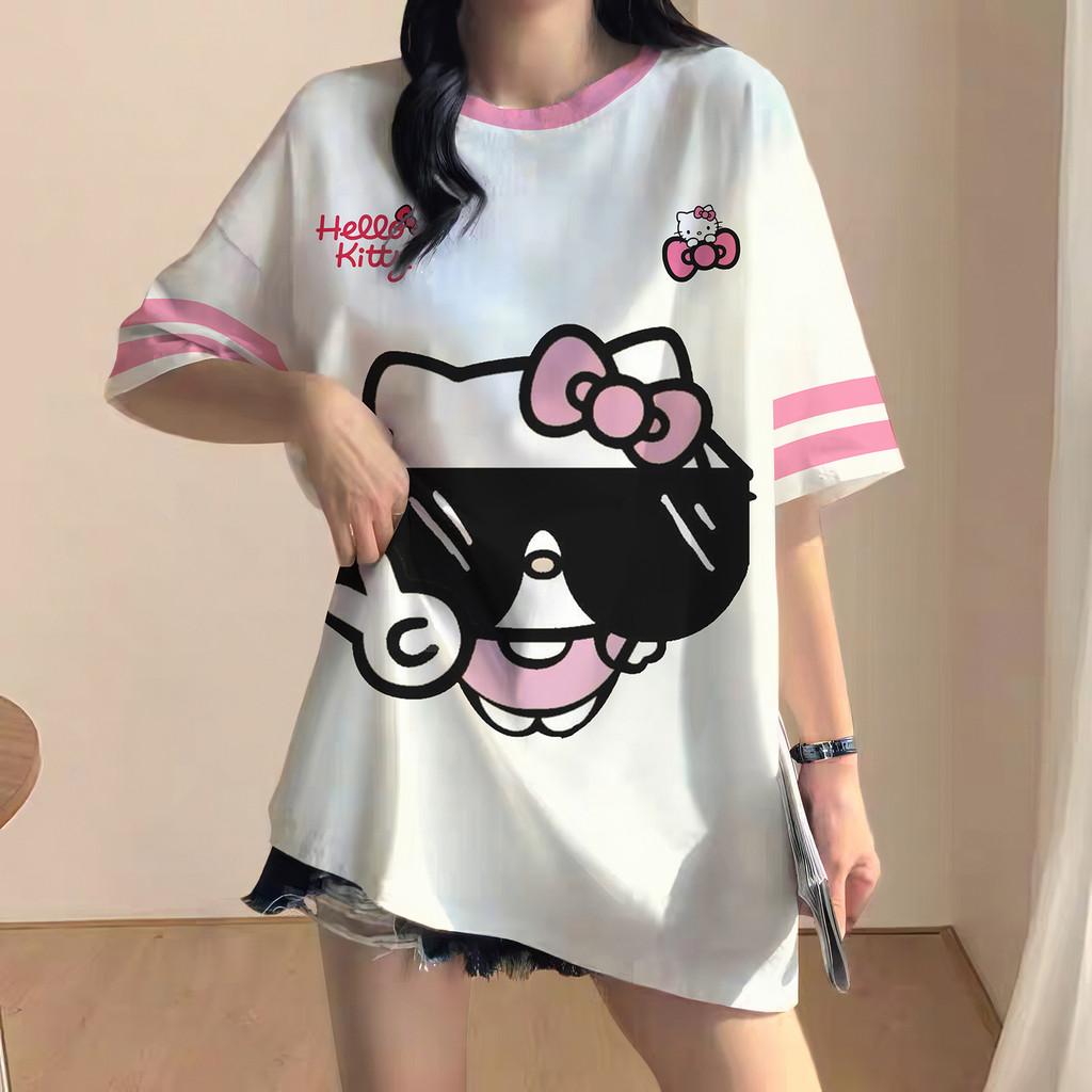 Korean style loose-fitting T-shirt, Hello Kitty soccer T-shirt, sports T-shirt, streetwear.