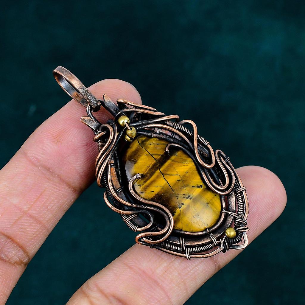 Tiger's Eye Pendant Copper Wire Wrapped Pendant Original Gemstone Pendant Handmade Pendant Designer Jewelry Gift for Him Birthstone Jewelry