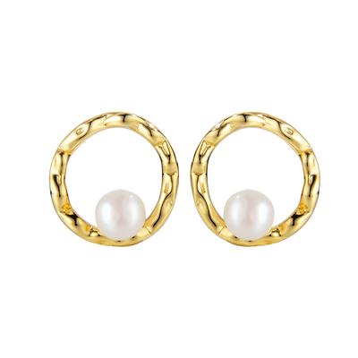 925 Sterling Silver Freshwater Pearls Stud Earrings Irregular Hollow Circle Studs Hypoallergenic Jewelry for Women