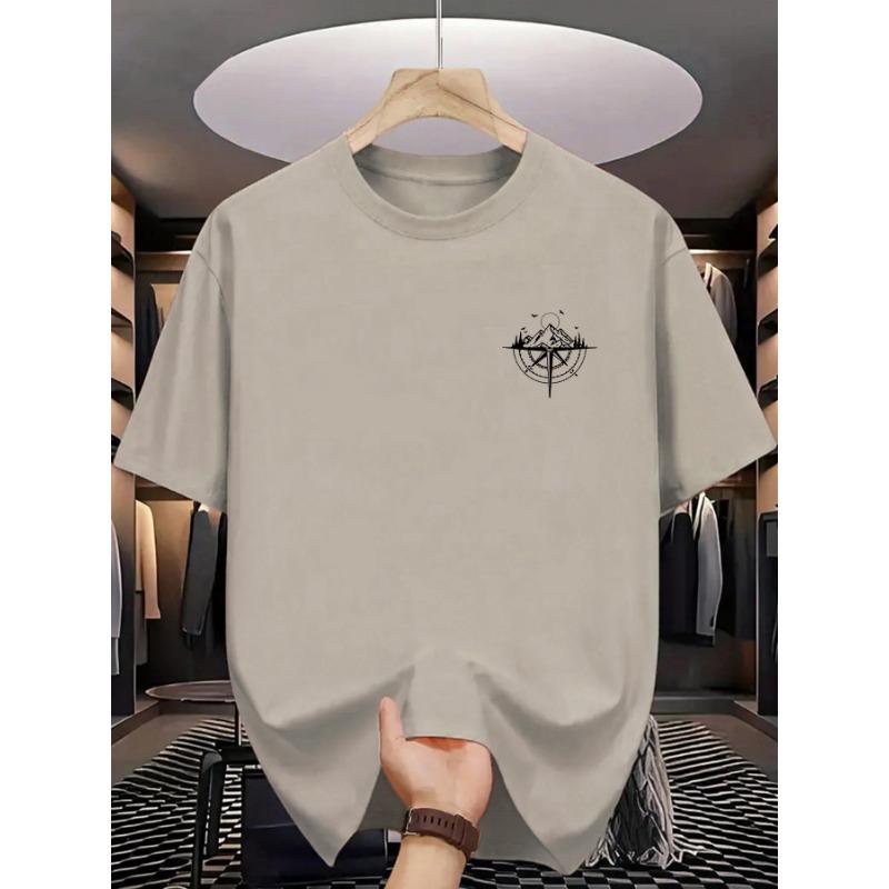 Summer Men's 100% Cotton Mountain Compass Graphic Printed Casual Loose Sports Comfortable Round Neck Short Sleeve T-shirt Top