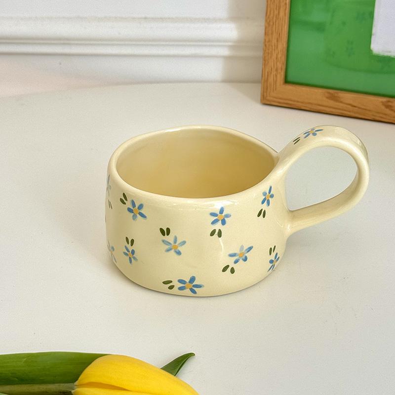 Korean Style Ceramic Mug Cute Hand Pinched Irregular Small Flower Pattern Coffee Cup Breakfast Milk Tea Cups Gift for Kids Girls