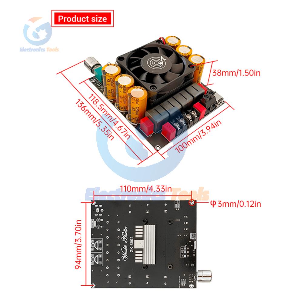 ZK-6002 1200W High Power HIFI Amplifier Board 2.0 Stereo TPA3255 Dual Channel Stereo Pure Post Amp Amplifier Chip DC 18-50V