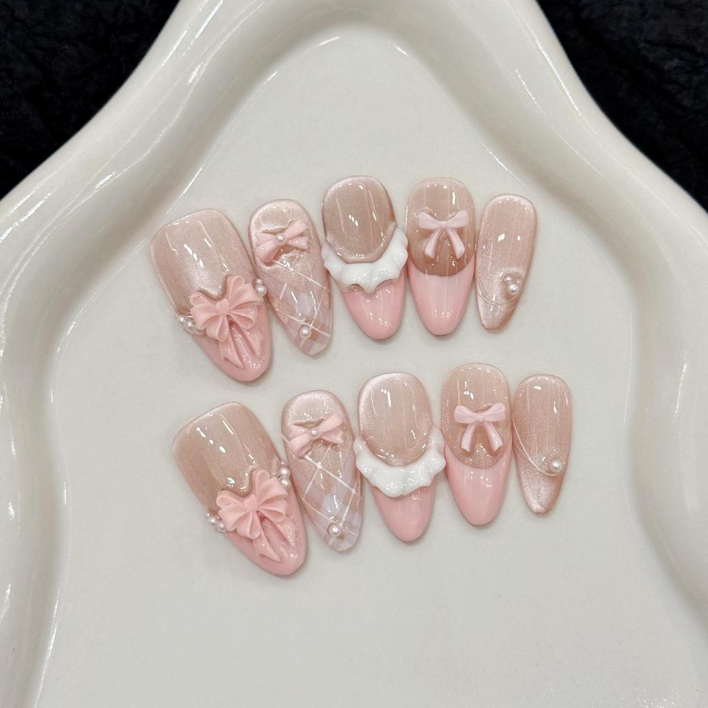 10pcs Handmade Press on Nails French Cat Eye Pink Bow Decor Korean False Nails Wearable Full Cover Ins Almond False Nail Tips