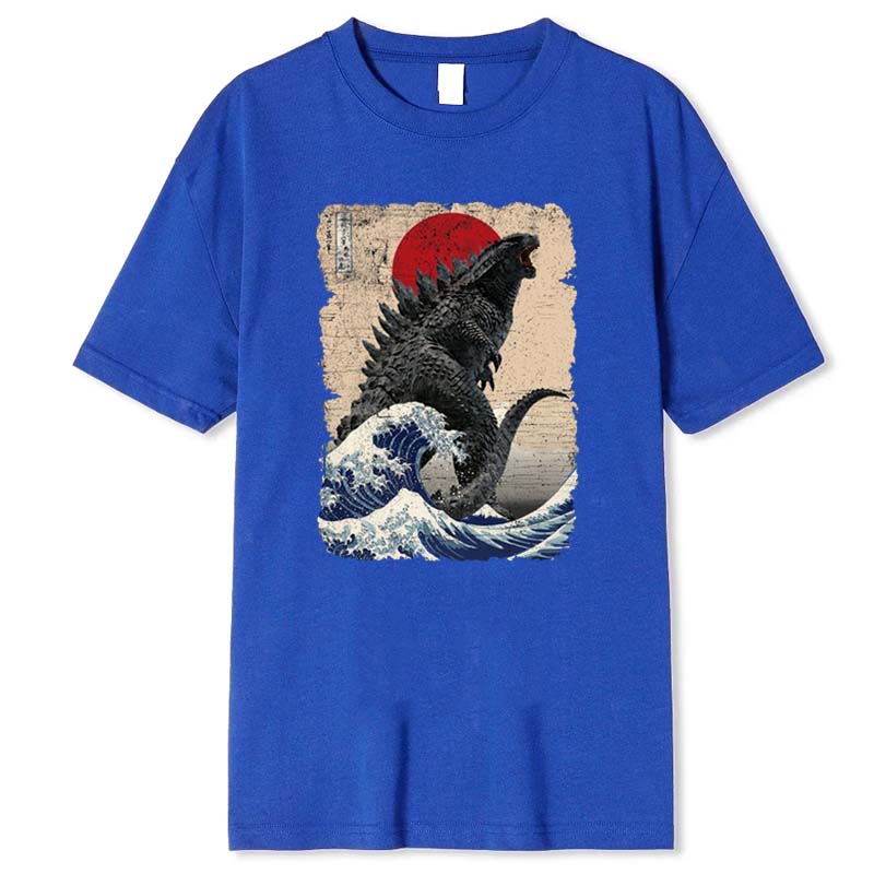 

Short Sleeve Tees Unique Japanese Godzillaed Great Wave T-Shirt Summer Women Men Crew Neck Pure Cotton T Shirts Unisex XXXL синій