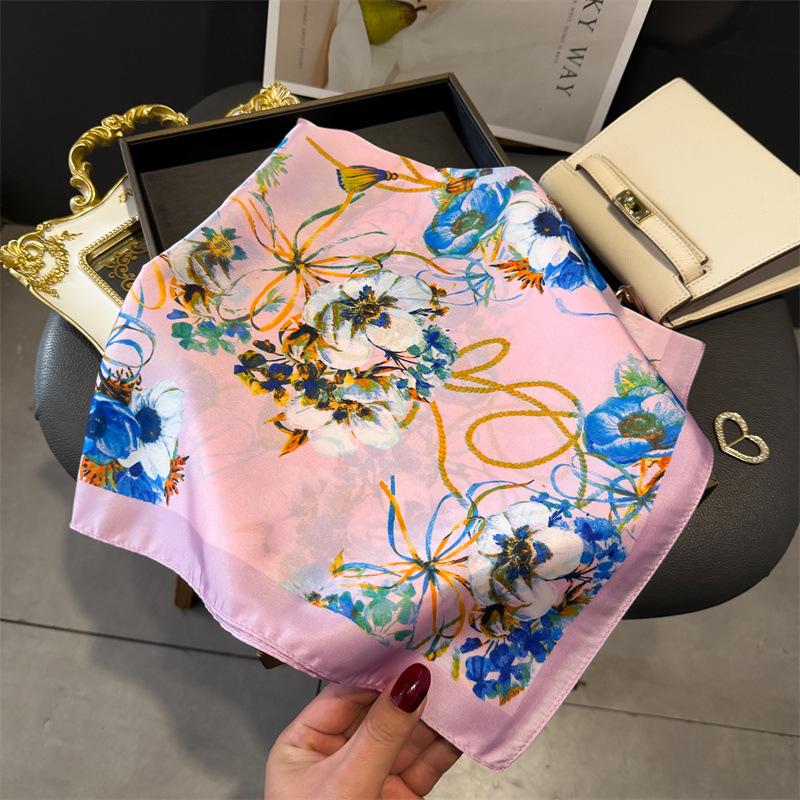 70cm Lily of The Valley Scarf Women's Spring and Summer Thin Satin Square Scarf High-end Temperament Small Scarfs Shawl