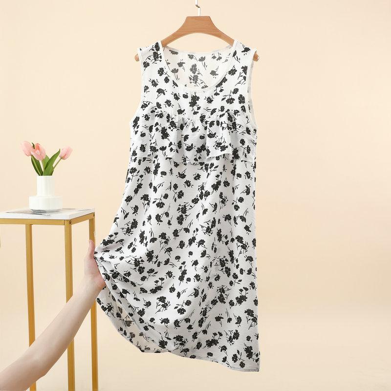Summer Women's Floral Tank Dress Sleeveless Sleepdress Cloud Silk Cotton Anti-Bulge Camis Nightdress Loose Plus Size Loungewear Casual Wear Nightgown