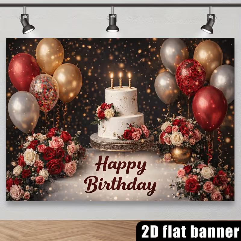 2D Flat Red Gold Birthday Backdrop Cake & Rose Background for Women Party Photoshoot