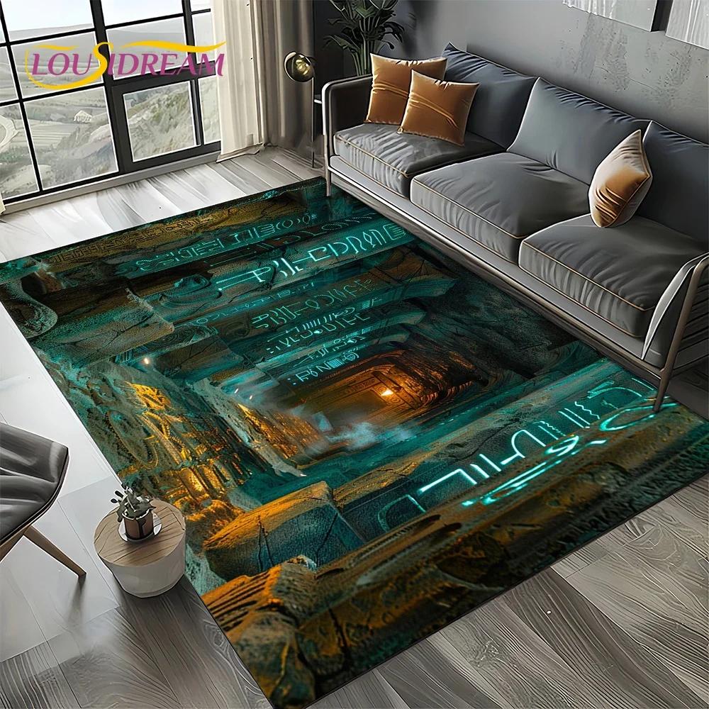 2025 Antikes Ägypten Hieroglyphen Mythologie Wandmalerei Teppich für Wohnzimmer Schlafzimmer Sofadekoration,Rutschfeste Bodenmatte