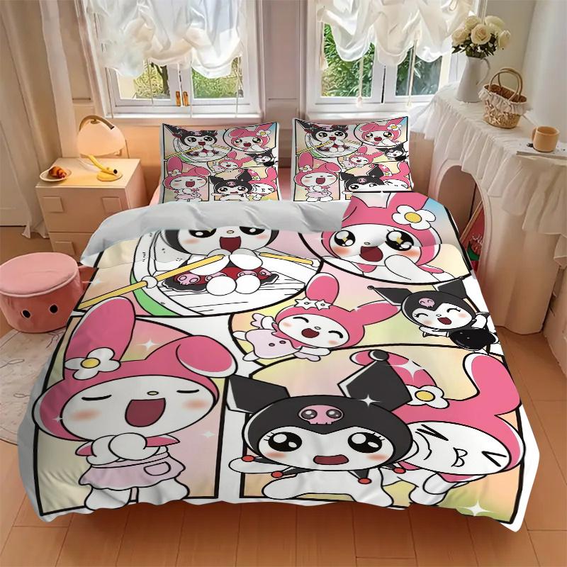 3pcs Kuromi & My Melody Sanrio Bedding Set, Including 1 Quilt Cover and 2 Pillow Shams, Without Filling, Soft and Comfortable Home Bedroom W050