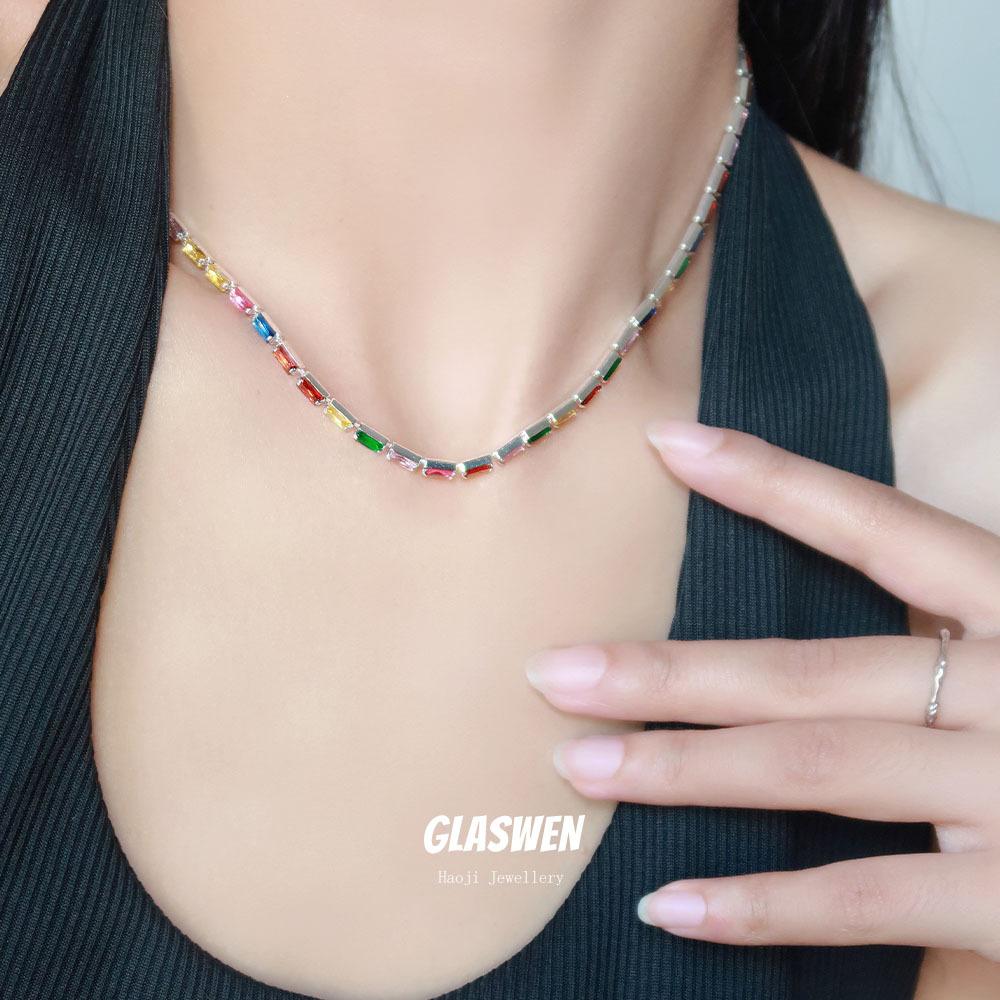 Cold Wind Color Zircon High-End Full Diamond Simple Necklace Women'S Collarbone Chain Trend Light Luxury Jewelry Neck Chain