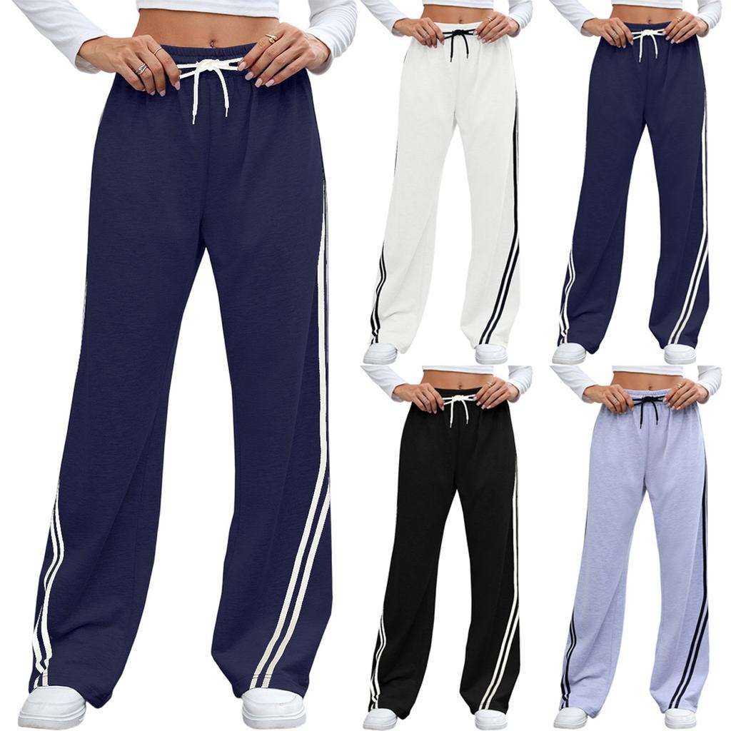 Women's Fashionable Solid Color Pocket Straight Leg Elastic Waist Casual Pants